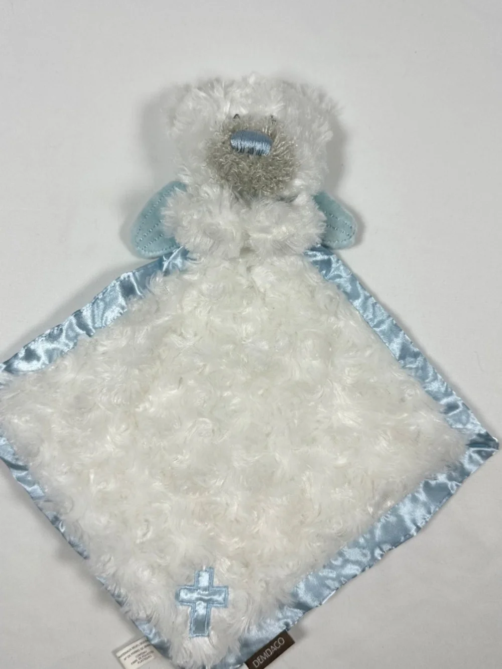Demdaco Guardian Angle Bear Blankie White Light Blue Angel Wings Satin Trim
